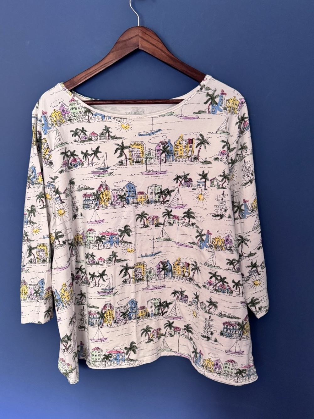 Talbots women's cotton bateau neck tee scenic coastal town 3X